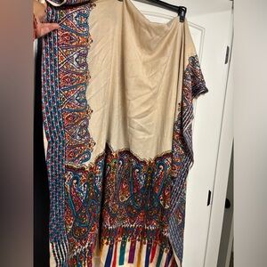 women’s shawl pashmina, beige with colorful vibrant design all around